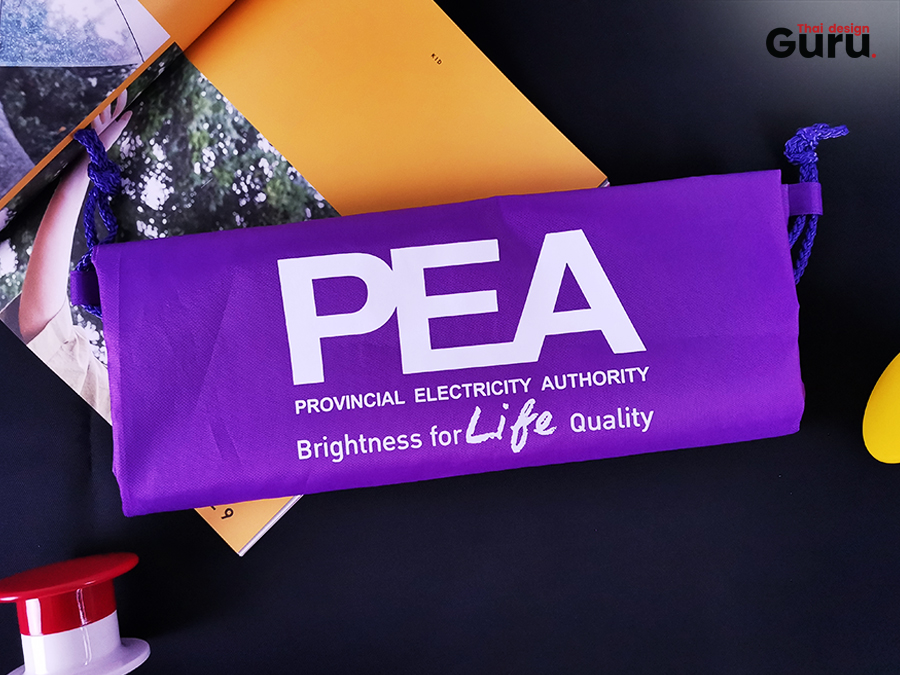 รับทำ ถุงผ้าร่มหูรูดสะพายหลัง PEA สีม่วง งานอีเว้นท์ บริษัท องค์กร